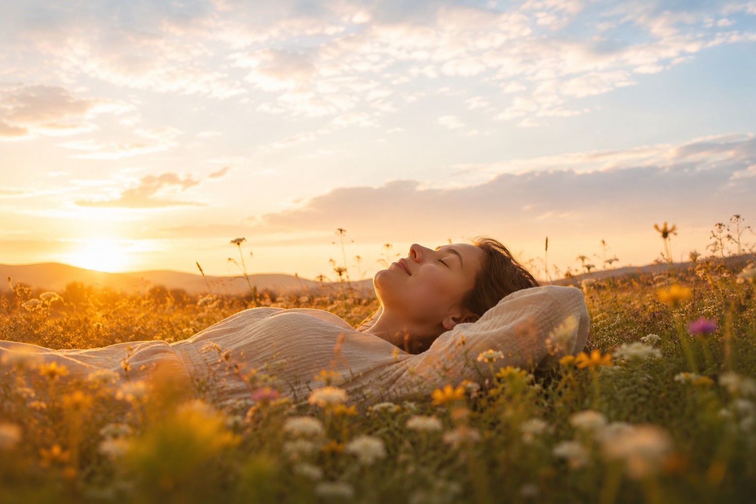 A person resting peacefully in a sunlit meadow at golden hour